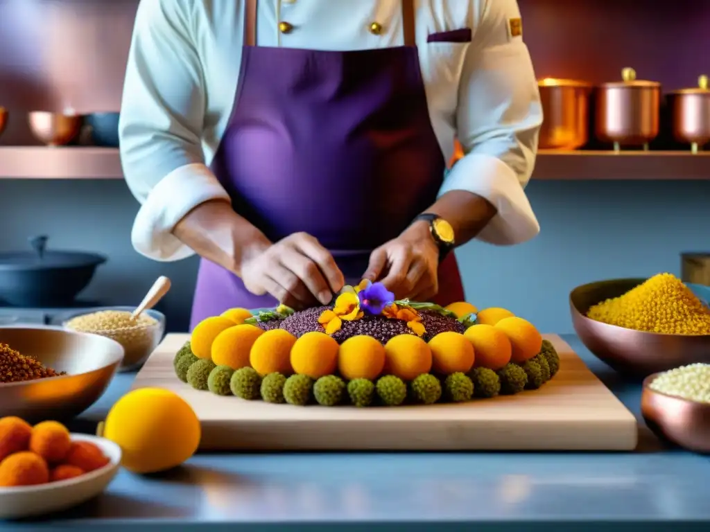 Un chef peruano prepara con delicadeza un postre vibrante y detallado, rodeado de ingredientes locales coloridos como lúcuma, maíz morado y quinua