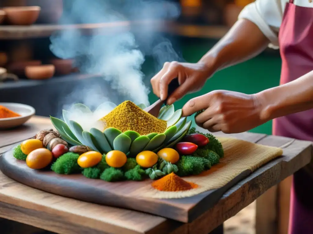 Un chef peruano sazona con delicadeza un suculento cuy asado, mostrando la rica tradición culinaria