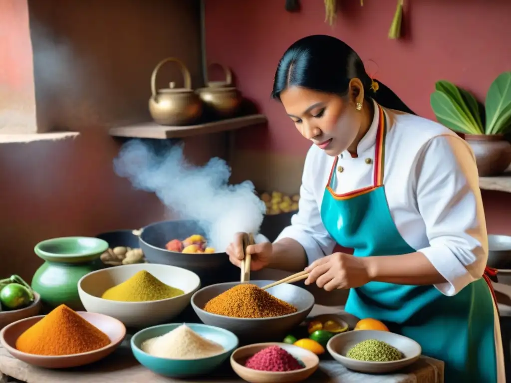 Chef peruano preparando delicado sabor cuy tradición en cocina tradicional llena de coloridos ingredientes y utensilios