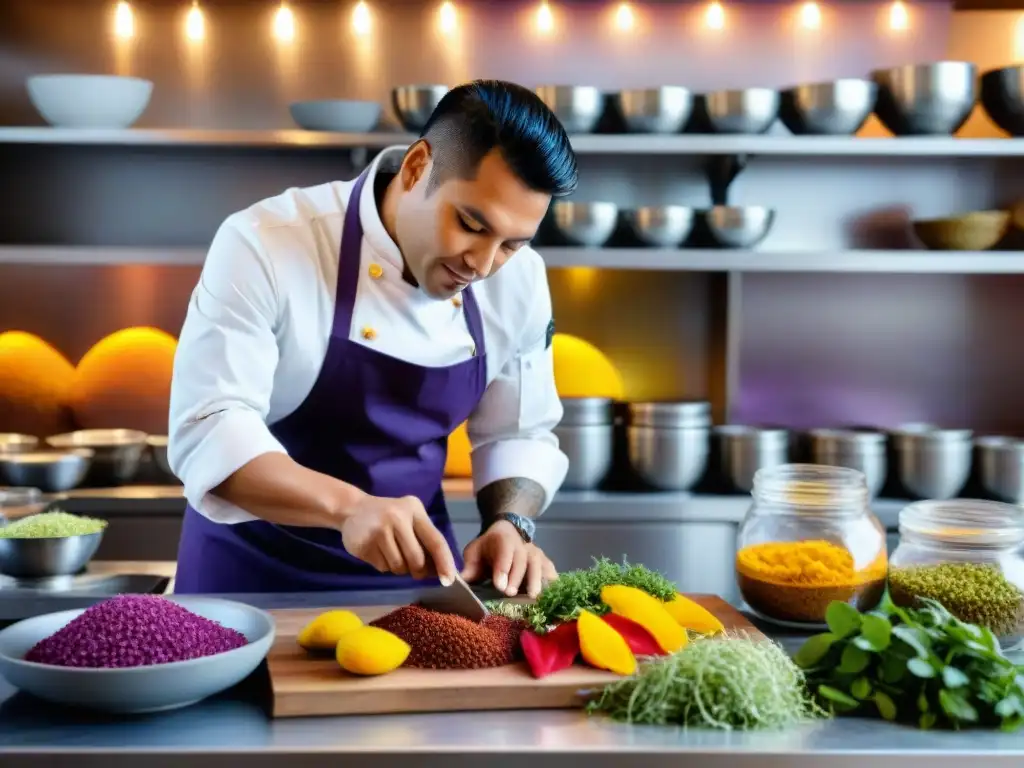 Un chef peruano preparando una delicia con ingredientes autóctonos, mostrando la esencia de la gastronomía peruana