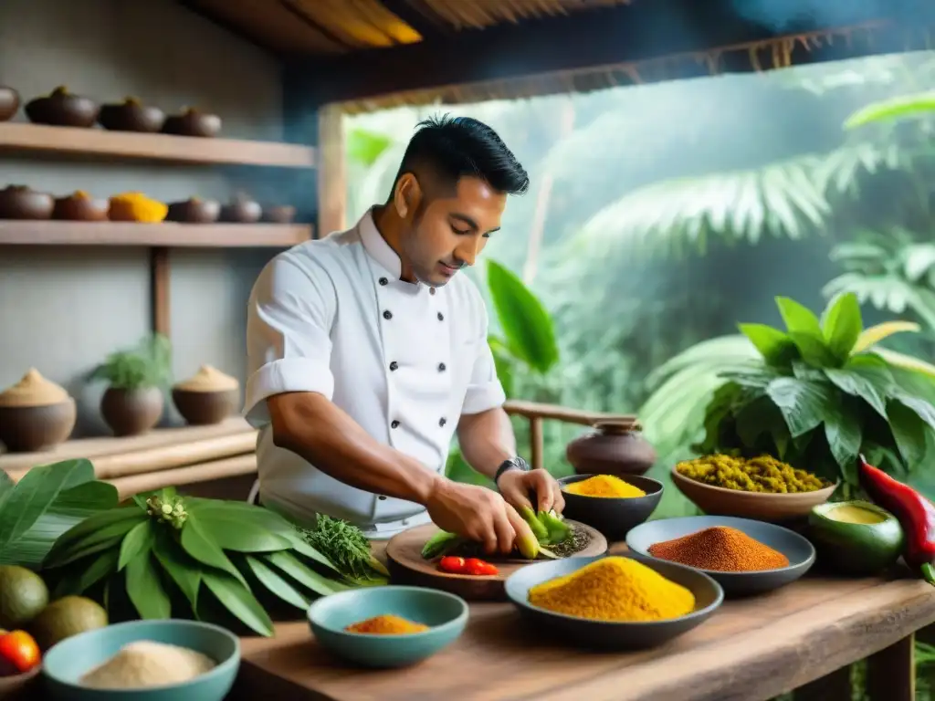 Un chef peruano preparando una deliciosa cocina amazónica con ingredientes vibrantes en una cocina rústica en la selva