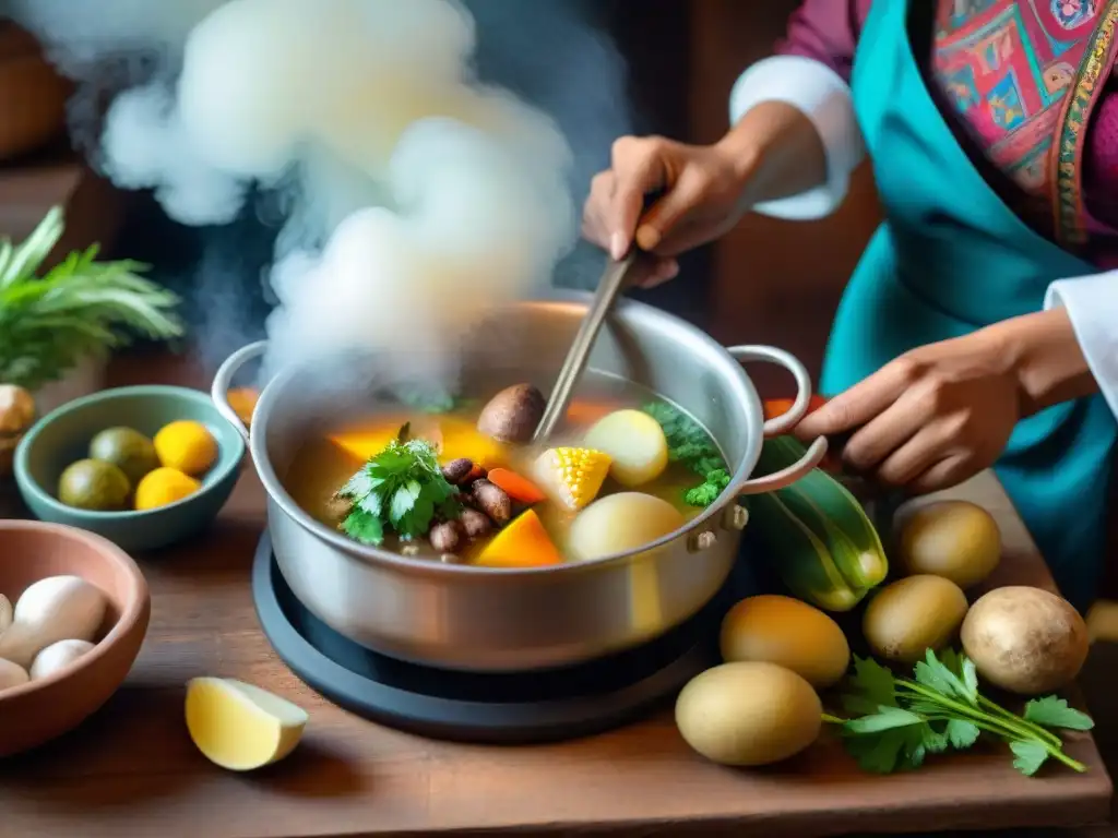 Un chef peruano preparando un delicioso Caldo de Cabeza en una cocina tradicional, evocando la esencia de la receta caldo de cabeza peruano