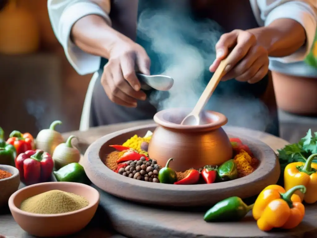 Un chef peruano preparando un delicioso platillo en olla de barro, rodeado de ingredientes frescos y coloridos