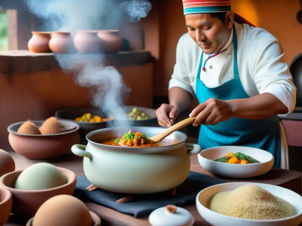 Chef peruano prepara un delicioso plato andino con tocosh en cocina tradicional