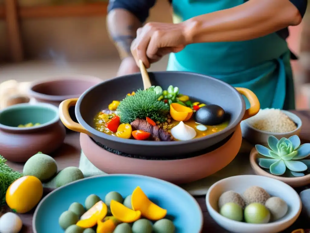 Un chef peruano prepara un delicioso Seco de Cabrito en una cocina rústica llena de ingredientes autóctonos, inmerso en la gastronomía peruana