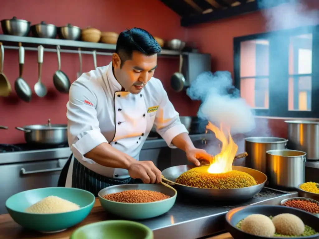 Un chef peruano hábil prepara un delicioso tacu tacu en una cocina tradicional