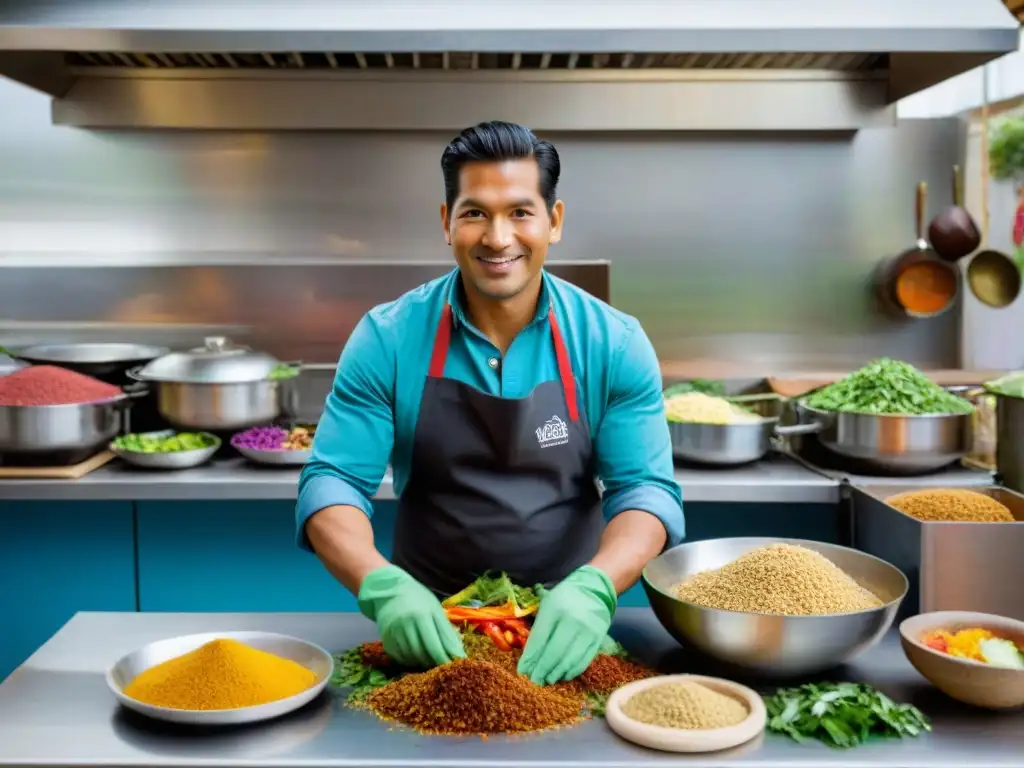 Un chef peruano transformando desechos en platos deliciosos, rodeado de ingredientes y utensilios, en un ambiente sostenible