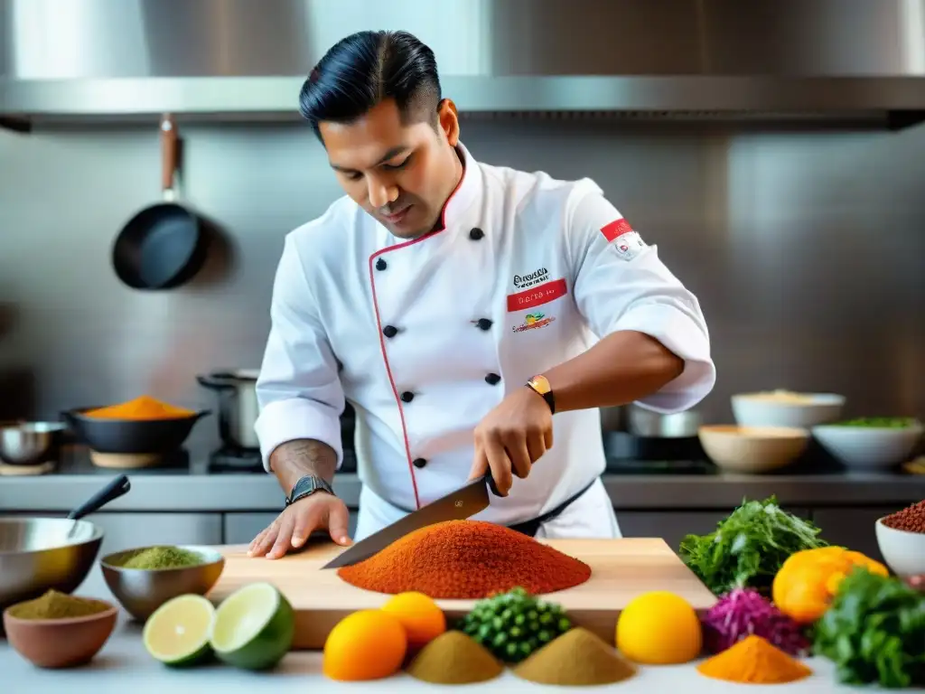 Un chef peruano destacado preparando una fusión culinaria con ingredientes andinos en un ambiente moderno y colorido