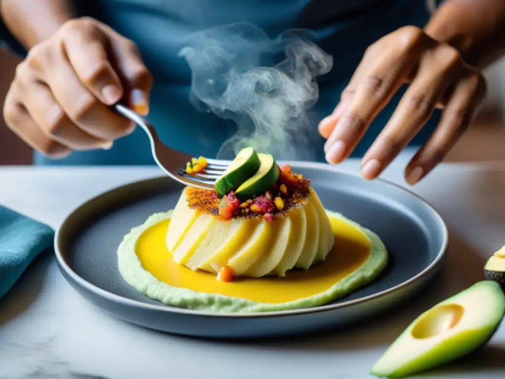 Chef peruano preparando con destreza una Causa Limeña, resaltando la historia y receta de este plato icónico