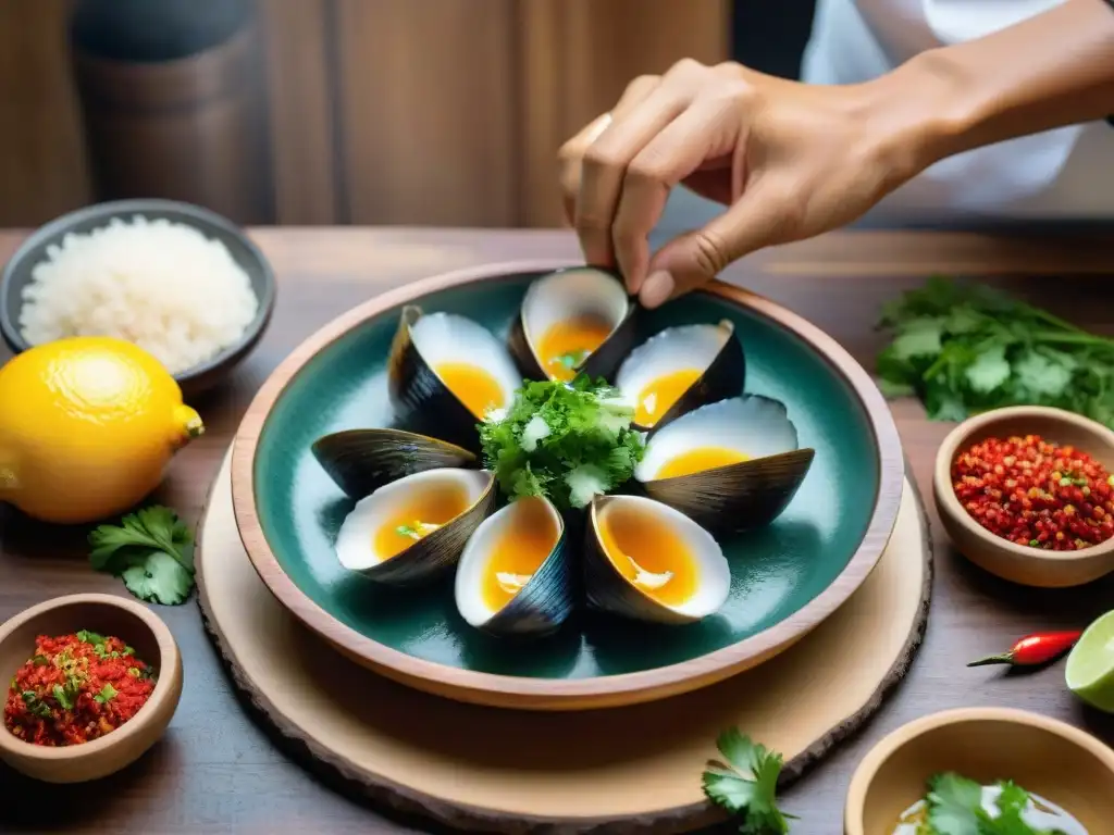 Un chef peruano prepara con destreza Cebiche de Conchas Negras Afrodisíaco, resaltando la tradición culinaria costeña