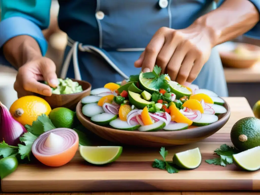 Un chef peruano prepara con destreza un ceviche colorido en un mercado local, rodeado de ingredientes frescos