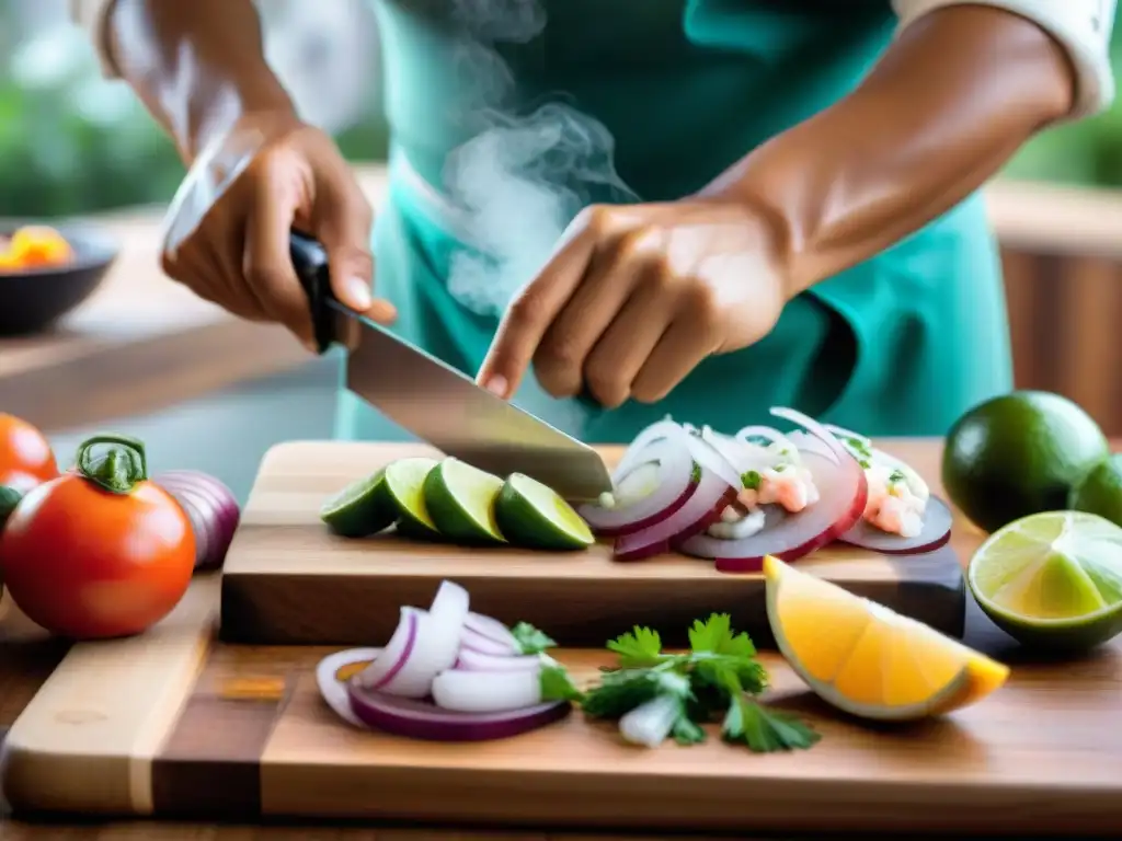 Un chef peruano prepara con destreza ceviche con ingredientes frescos