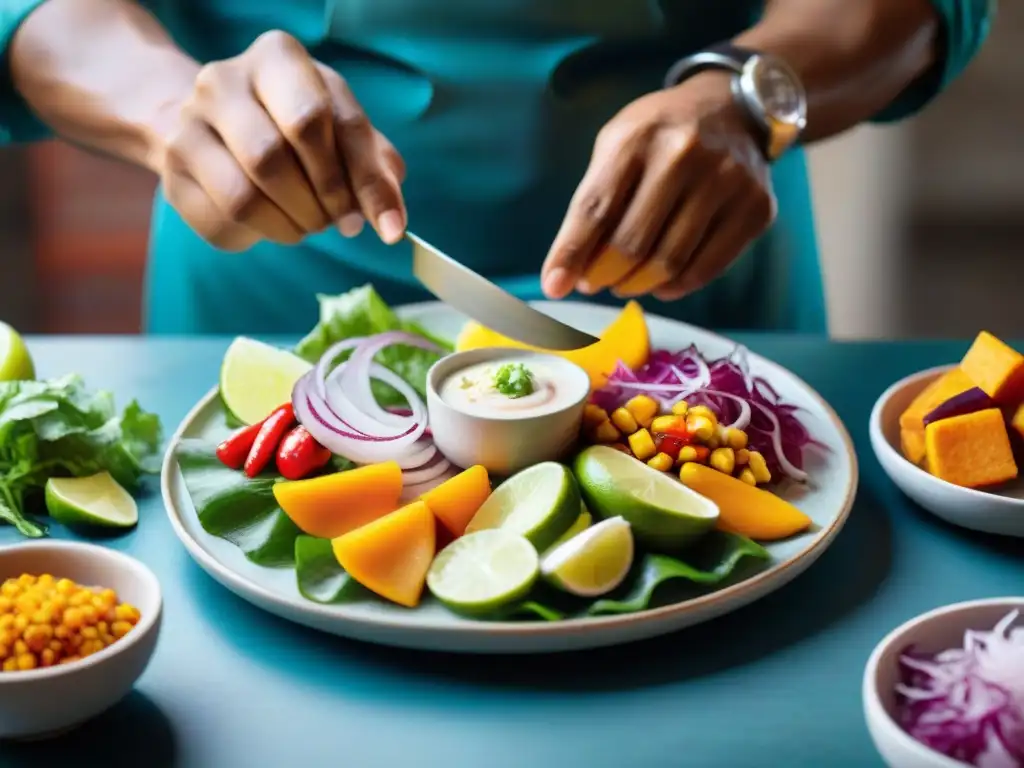 Un chef peruano prepara con destreza un ceviche colorido y detallado, destacando los sabores y colores de la gastronomía peruana platos autóctonos