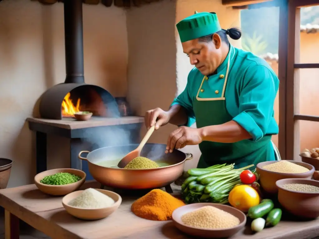 Un chef peruano prepara con destreza un Chupe de Quinua en una cocina tradicional