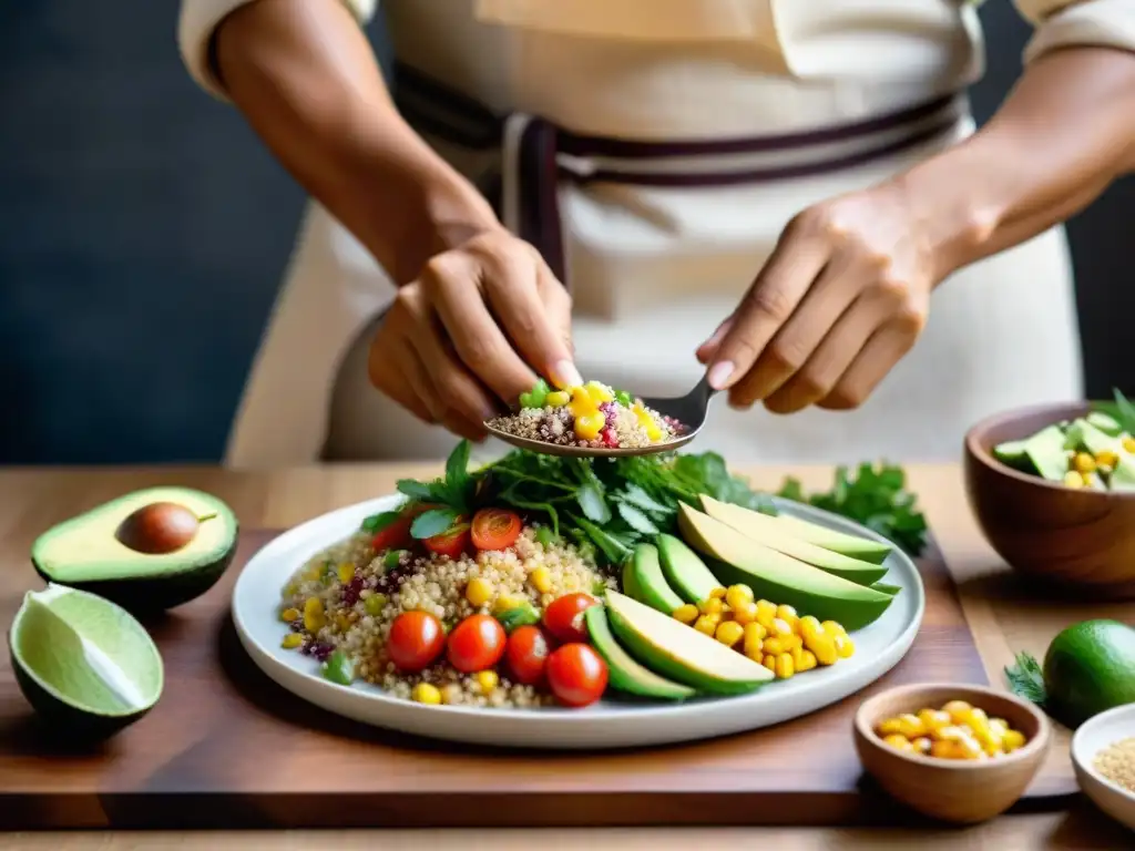 Un chef peruano prepara con destreza una colorida ensalada de quinua, resaltando los Beneficios de la quinua para la salud