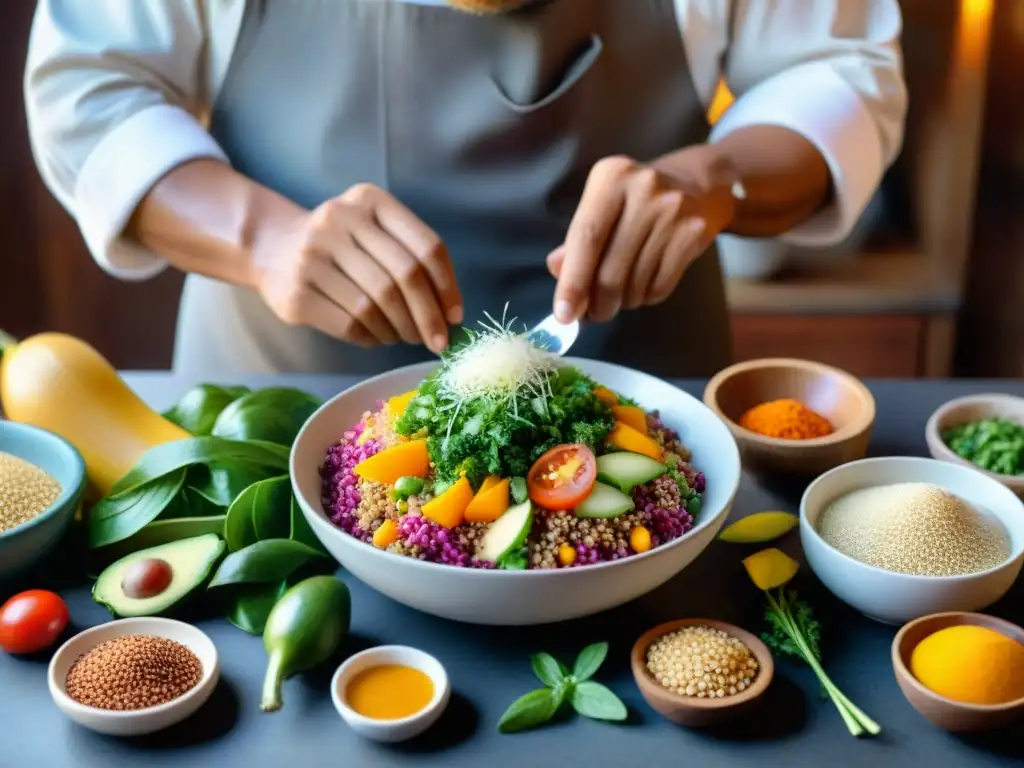 Un chef peruano prepara con destreza una colorida ensalada de quinua y supergranos andinos en una cocina rústica