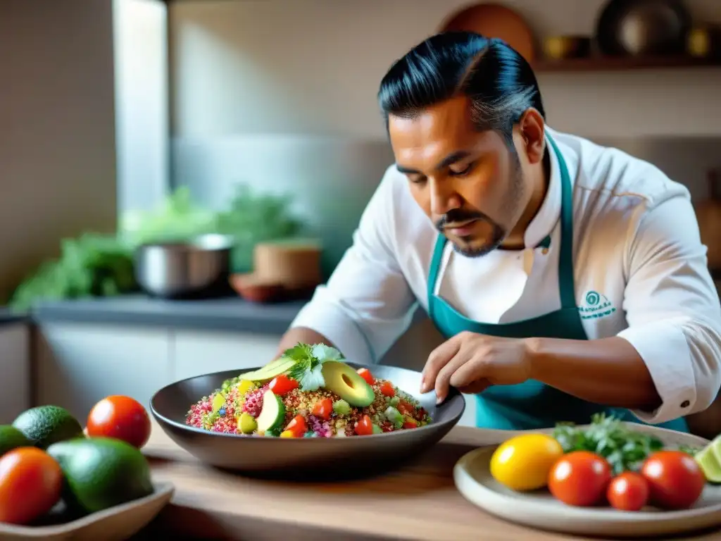 Un chef peruano prepara con destreza una colorida ensalada de quinua en una cocina tradicional