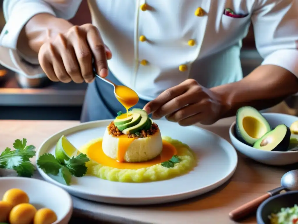 Un chef peruano prepara con destreza una colorida causa limeña, mostrando la evolución de este plato de resistencia