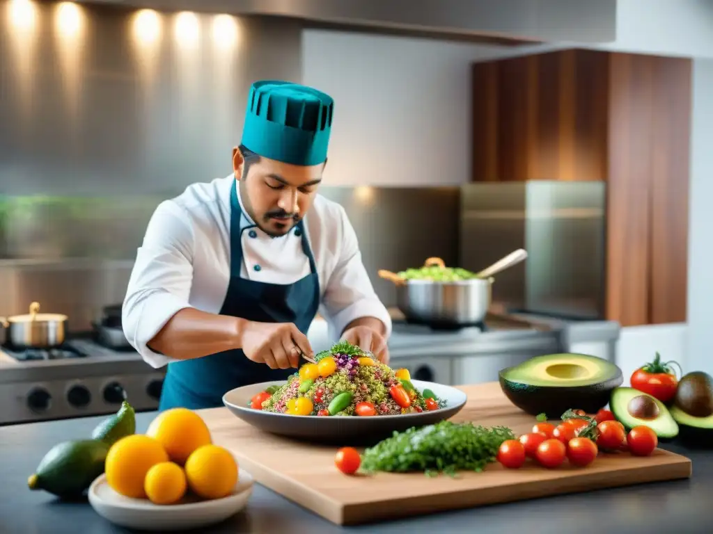 Un chef peruano prepara con destreza una colorida ensalada de quinua en una cocina moderna, fusionando tradición e innovación