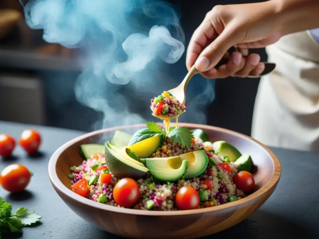 Un chef peruano prepara con destreza una colorida ensalada de quinua andina