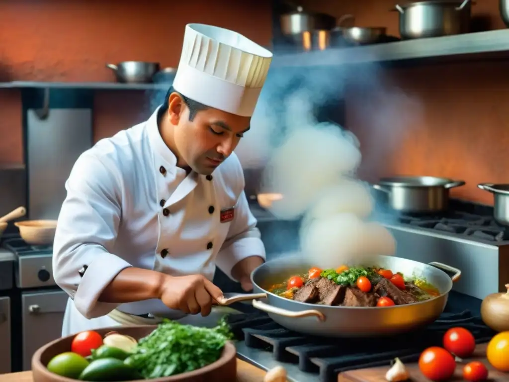 Un chef peruano prepara con destreza un delicioso Seco de Cabrito en una cocina rústica, llena de ingredientes vibrantes