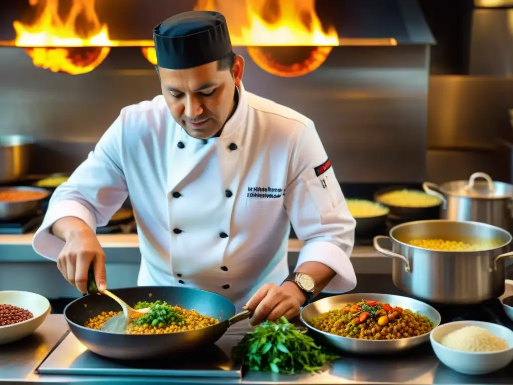 Un chef peruano prepara con destreza un delicioso Tacu Tacu en una bulliciosa cocina