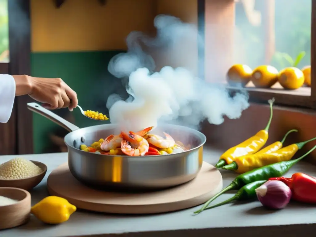 Un chef peruano prepara con destreza un delicioso Chupe de Camarones en una cocina tradicional, mostrando la riqueza gastronómica peruana