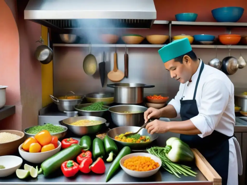 Un chef peruano preparando con destreza un Escabeche de Pescado en una bulliciosa cocina tradicional peruana