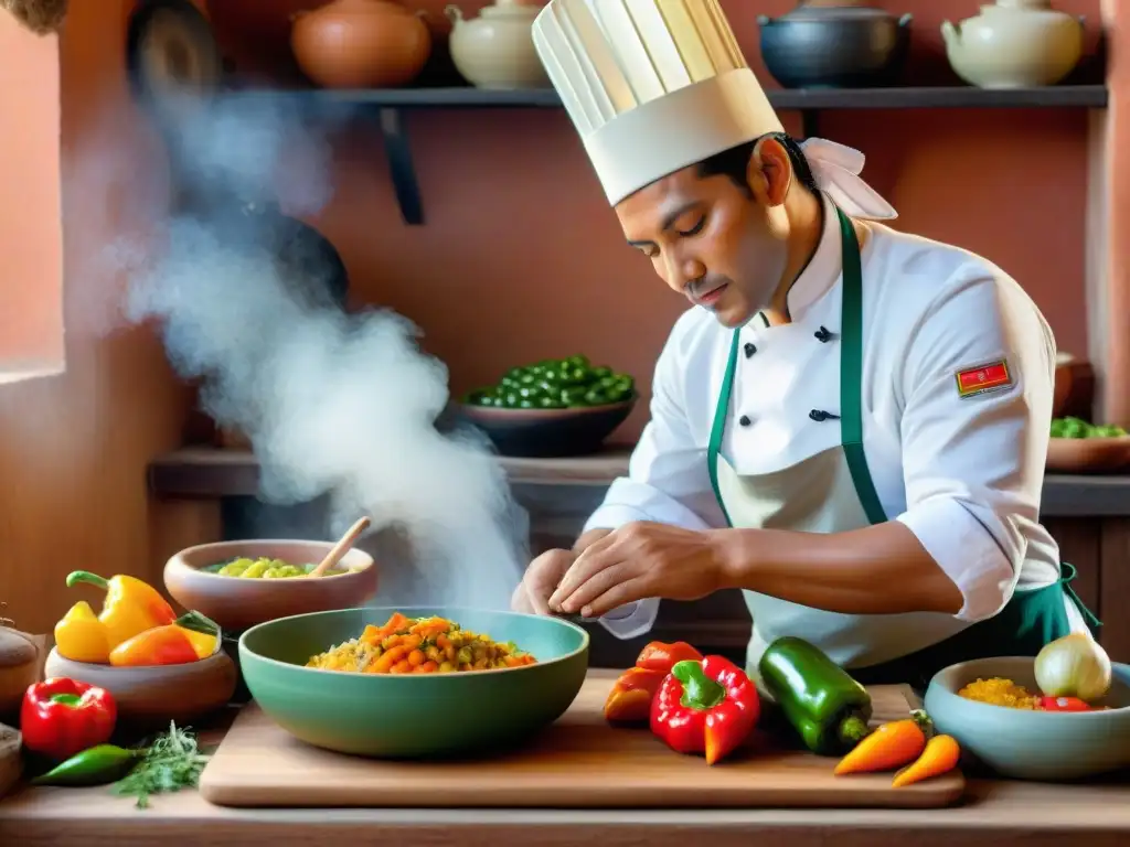 Un chef peruano prepara con destreza un Escabeche de Pescado en una cocina tradicional