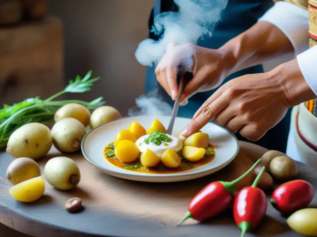 Un chef peruano prepara con destreza Papa a la Huancaína receta en una cocina tradicional llena de color y autenticidad