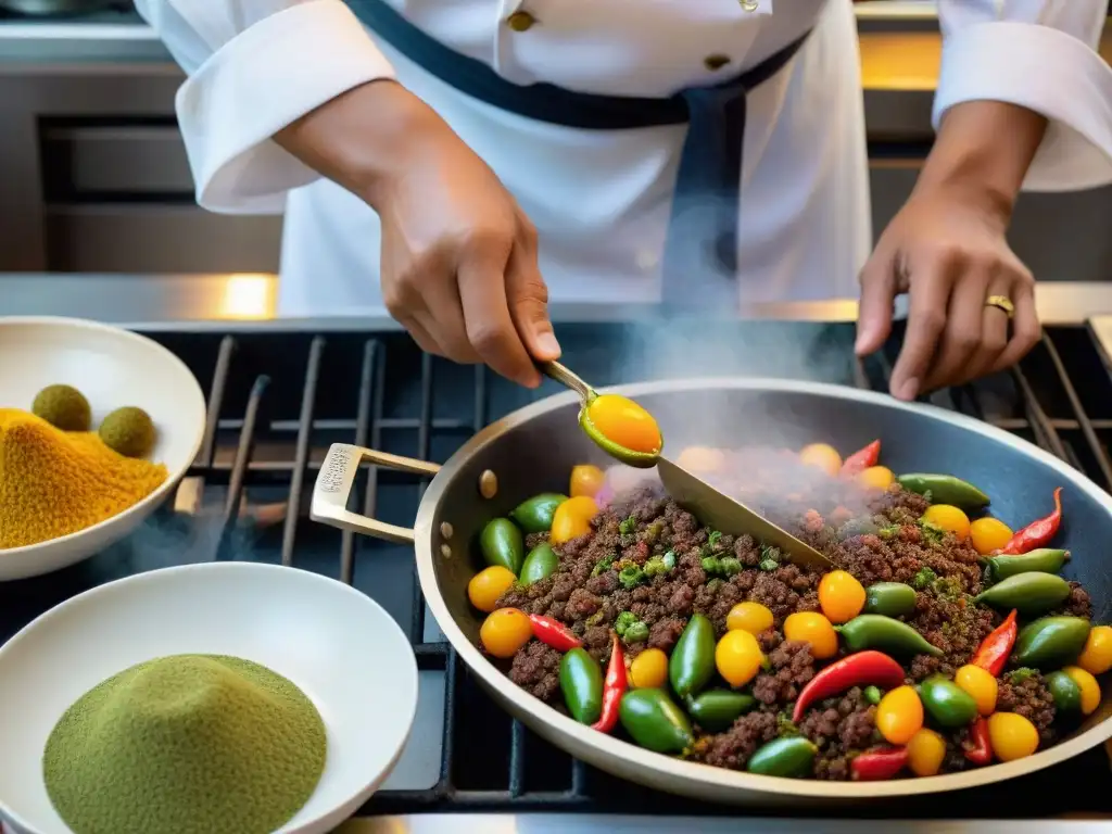 Un chef peruano prepara con destreza el icónico plato 'El Rocoto Relleno' en una cocina llena de historia y orgullo cultural