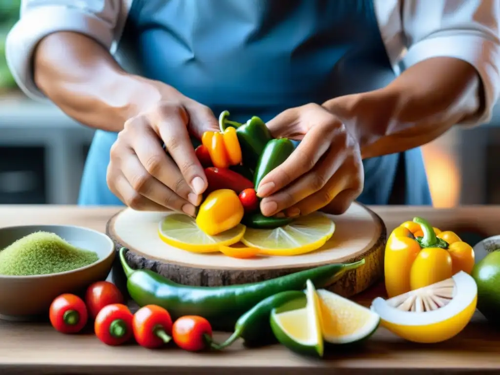 Chef peruano cocina costeña con destreza ingredientes frescos y coloridos