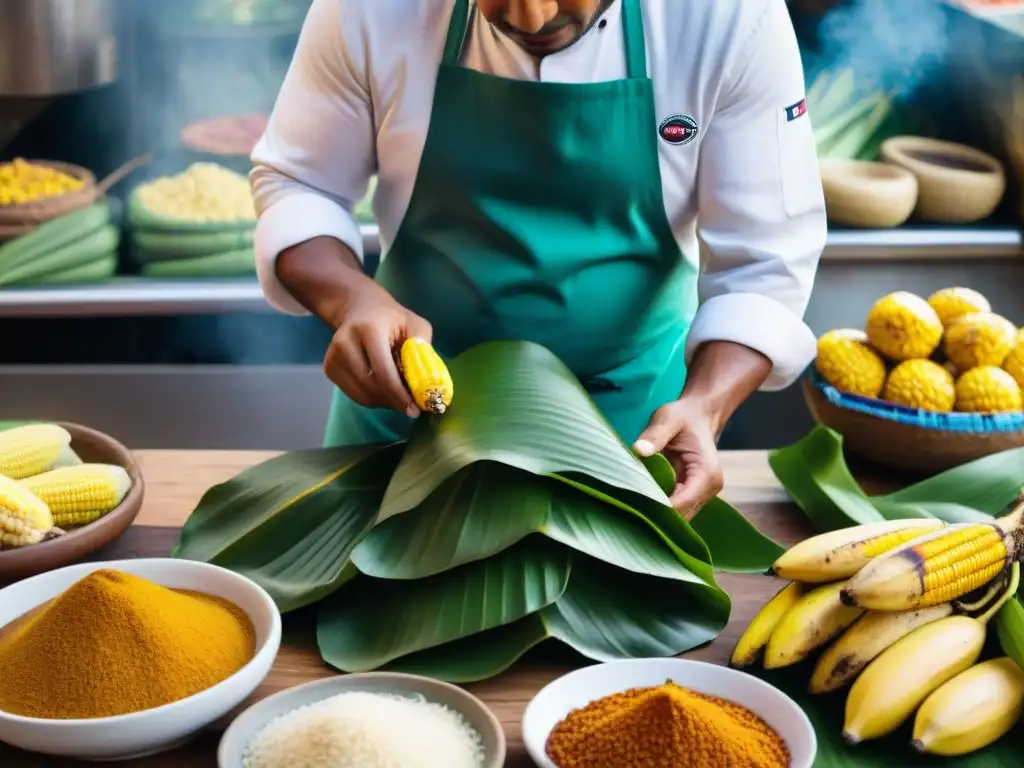 Un chef peruano prepara con destreza un Juane rodeado de ingredientes amazónicos