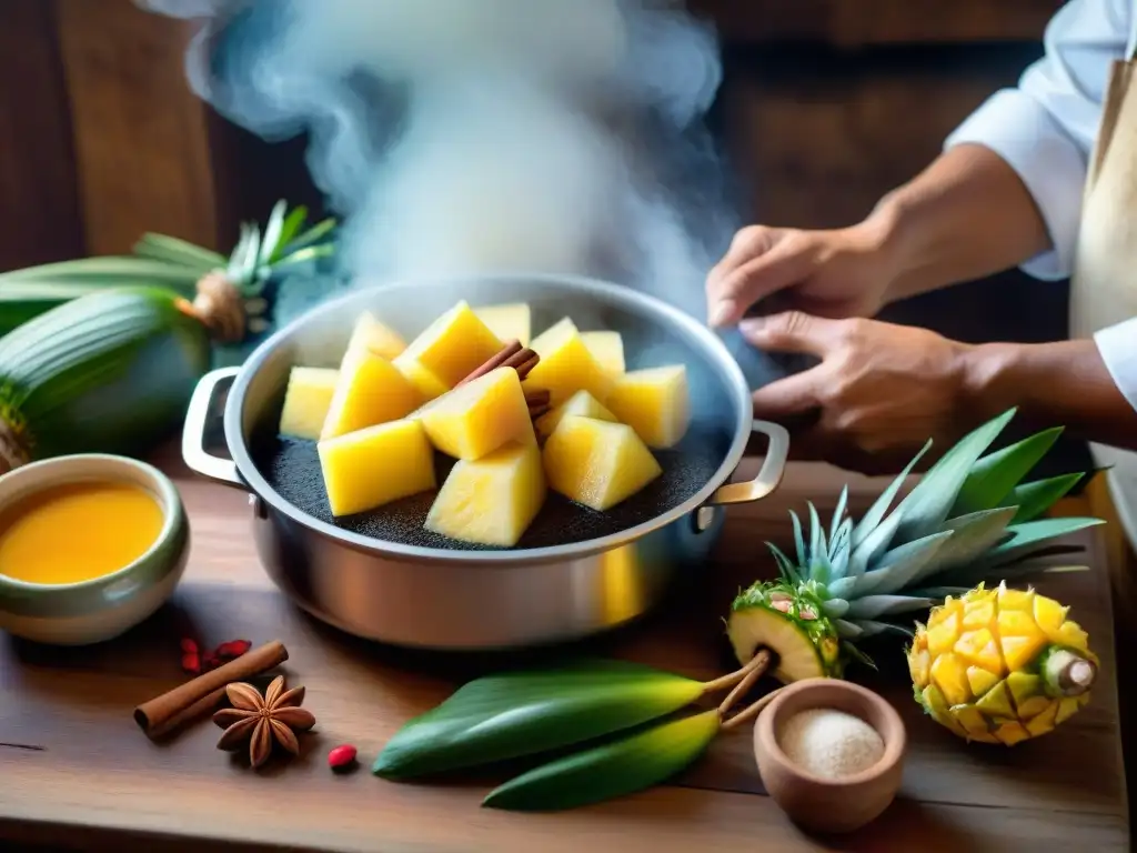 Un chef peruano preparando con destreza Ponche de los Libertadores Perú, rodeado de ingredientes vibrantes en una cocina tradicional