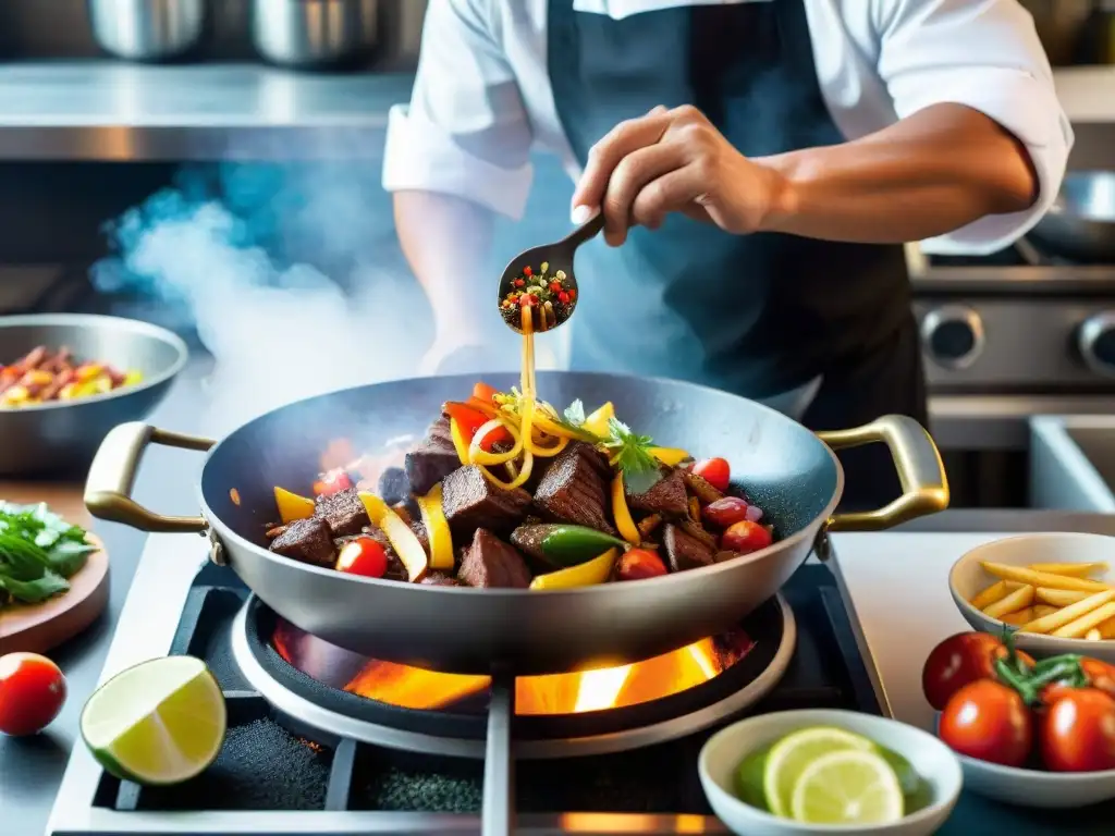 Un chef peruano prepara con destreza un Lomo Saltado en una cocina colorida y bulliciosa