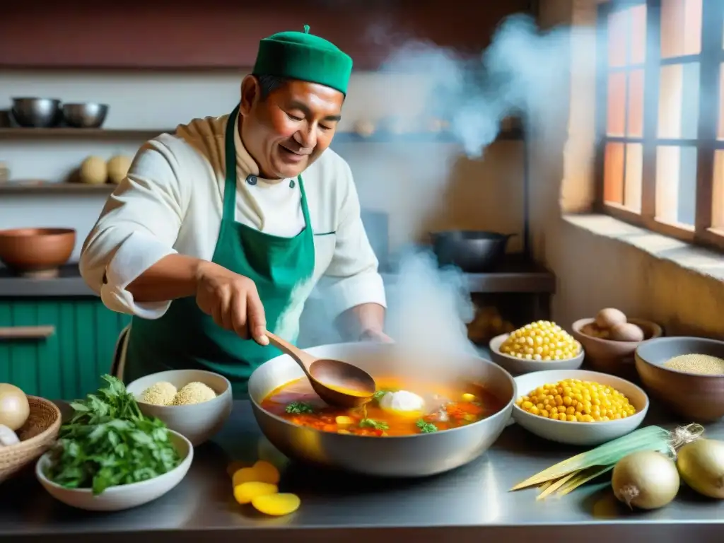 Un chef peruano prepara con destreza Patasca: caldo andino tradicional en una cocina rústica iluminada por luz natural