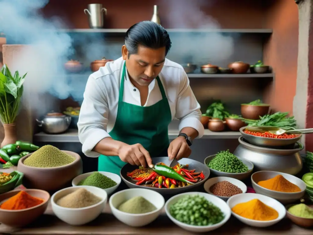 Un chef peruano prepara con destreza un Picante de Cuy en una cocina tradicional