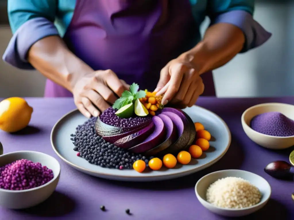 Un chef peruano prepara con destreza un platillo morado en una cocina moderna