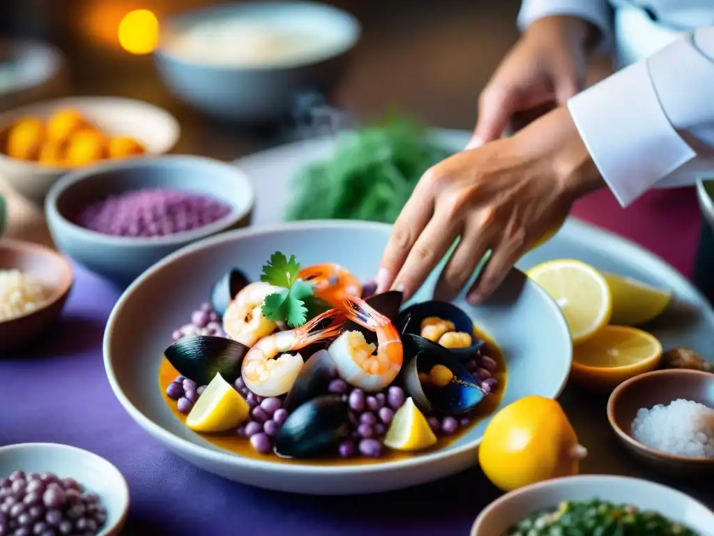 Un chef peruano prepara con destreza un plato de mariscos tradicional, destacando la precisión y arte culinario