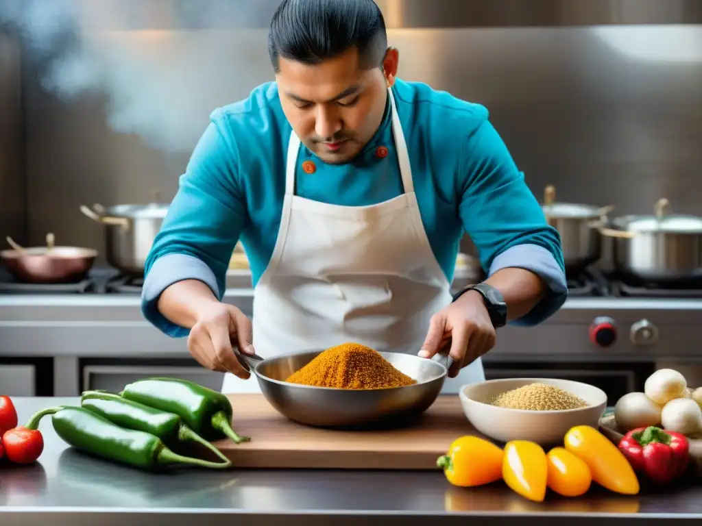 Un chef peruano prepara con destreza un plato tradicional usando Miso Andino en una cocina bulliciosa con ingredientes andinos como quinua y papas