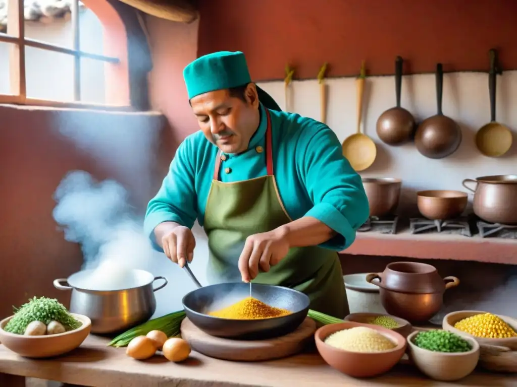 Un chef peruano prepara con destreza un plato tradicional quinua atamalada en una cocina rústica