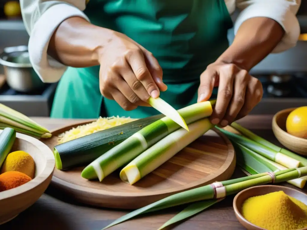 Un chef peruano prepara con destreza un plato con caña verde en una cocina tradicional llena de color y utensilios