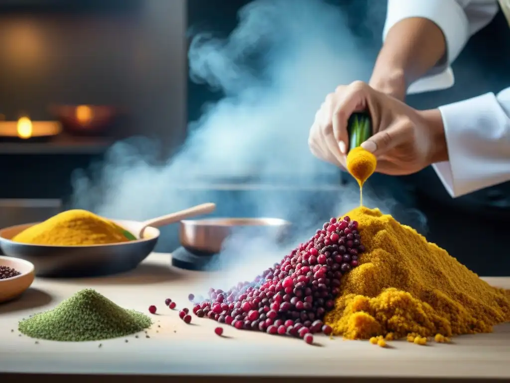 Un chef peruano prepara con destreza un plato innovador con amaranto, mostrando los beneficios del amaranto en cocina