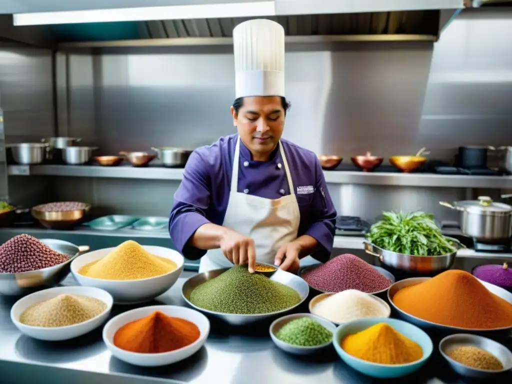 Un chef peruano preparando con pasión y destreza un plato tradicional rodeado de superalimentos