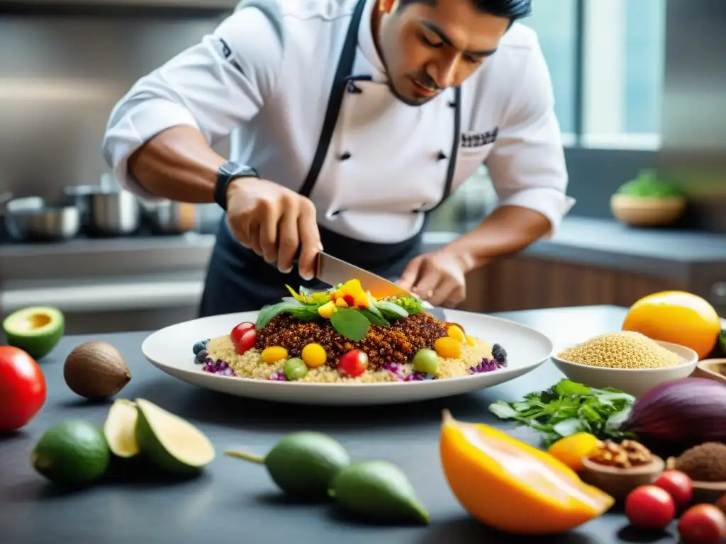 Un chef peruano prepara con destreza un plato vibrante con superalimentos andinos en una cocina moderna