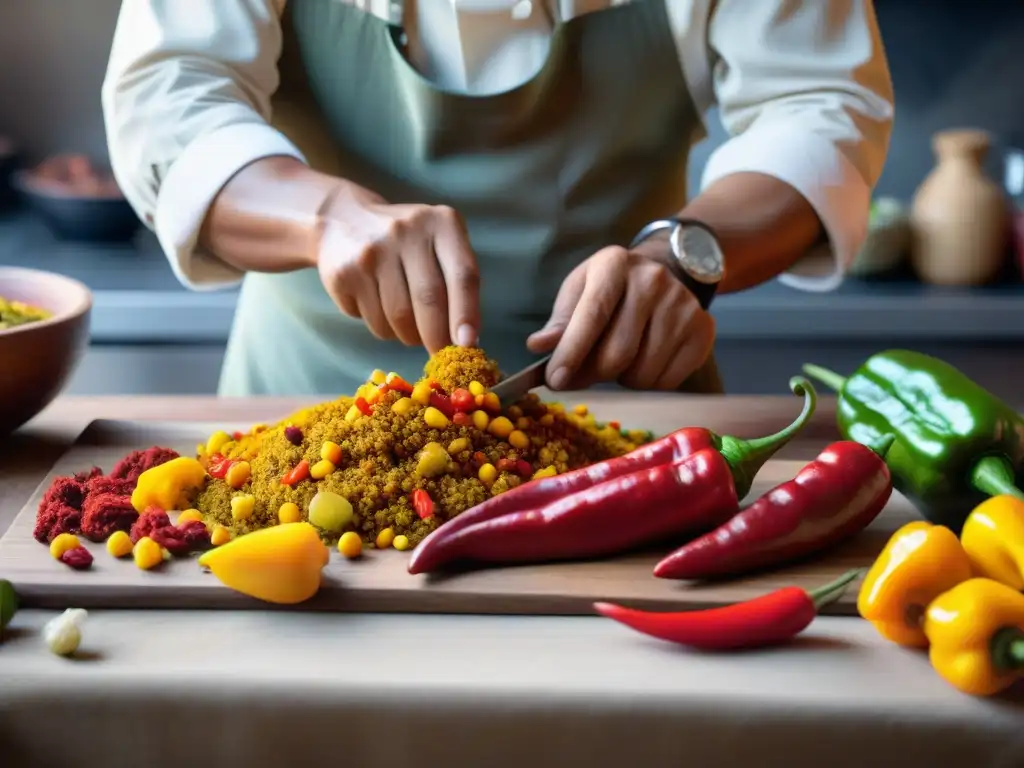 Un chef peruano prepara con destreza un plato tradicional usando ajíes rojos y amarillos