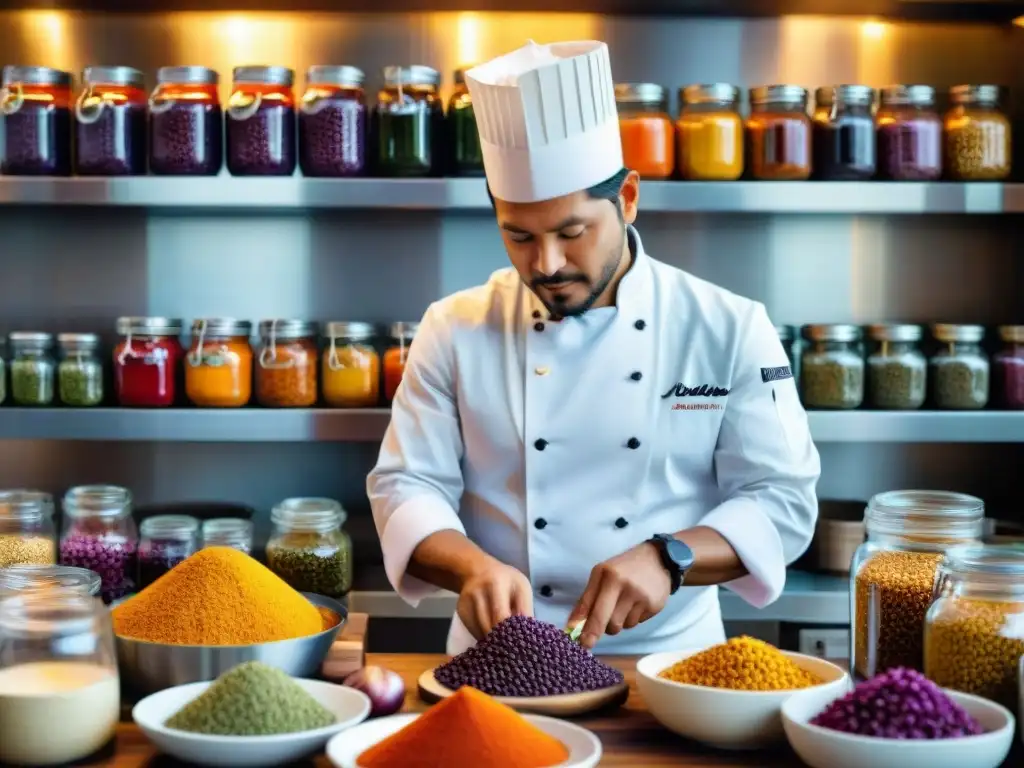 Un chef peruano prepara con destreza un plato tradicional con ingredientes autóctonos