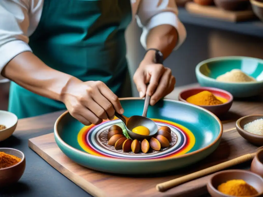 Un chef peruano coloca con destreza platos peruanos en plato de cerámica, resaltando la importancia de los utensilios en la estética