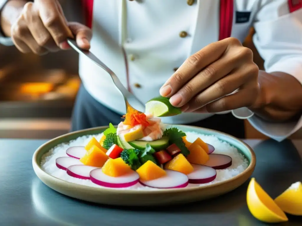 Un chef peruano añade con destreza pulpa de maracuyá a un ceviche, fusionando sabores tradicionales con la esencia exótica del maracuyá