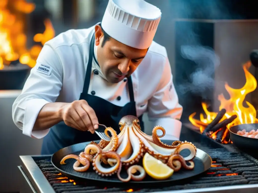 Un chef peruano coloca con destreza pulpo fresco en la parrilla, fusiones marinas cocina peruana contemporánea